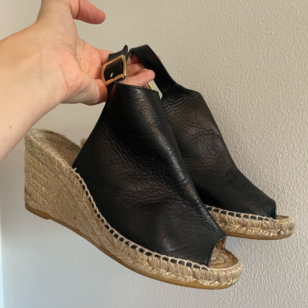 Black Leather Espadrille Wedge - Made in Spain
